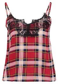 Röd rutig camisole med tunna band, spetsdetaljer längs halsringningen, med korsande linjer i gult, vitt och marinblått.