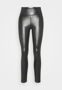 Lśniące czarne legginsy z wysokim pasem, wykonane z gładkiego, refleksyjnego materiału; dopasowany krój z elegancką, aerodynamiczną sylwetką.