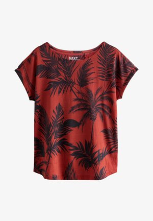 Punane lühikeste varrukatega T-särk musta palmilehe mustriga. Ümmargune kaelus ja mugav lõige, valmistatud kergest kangast.