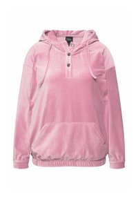 Rosa Cord-Hoodie mit einer Fronttasche, verstellbarem Kordelzug und einer dreiknöpfigen Knopfleiste. Weicher Stoff mit vertikalen Rippen.