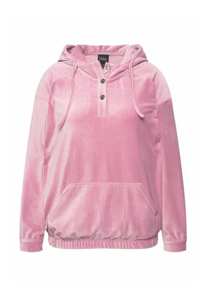 Roze corduroy hoodie met een voorzak, verstelbare trekkoordcapuchon en drieknoopsluiting. Zachte textuur met verticale ribbels.
