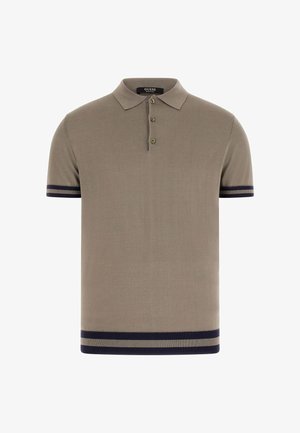 Beige polohemd voor heren met korte mouwen, drie knopen, marineblauwe en beige strepen aan de mouwuiteinden en zoom, met het label Guess.