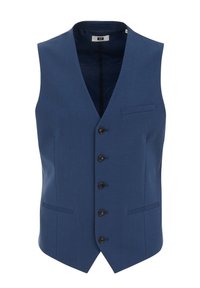Námořnická modrá vesta vyrobená z hladkého materiálu, s výstřihem do V, zapínáním na pět knoflíků a dvěma předními kapsami s elegantním designem.