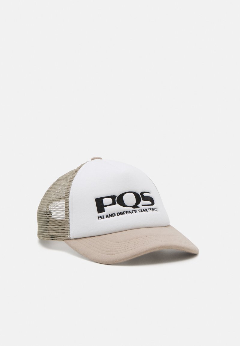 White and beige cap with mesh side panels. Features "PQS" and "ISLAND DEFENCE TASK FORCE" embroidered in black. Curved visor design.