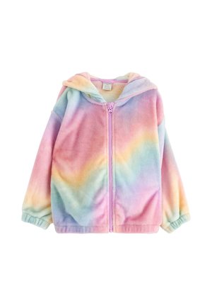 Bluza z kapturem z polaru w pastelowym gradientowym wzorze tęczy, z zamkiem z przodu, długimi rękawami i elastycznymi mankietami dla lepszego dopasowania.