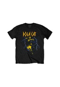 Black graphic t-shirt featuring yellow lightning and a figure in motion. Text reads "DOJA CAT" in bold red font above the design.