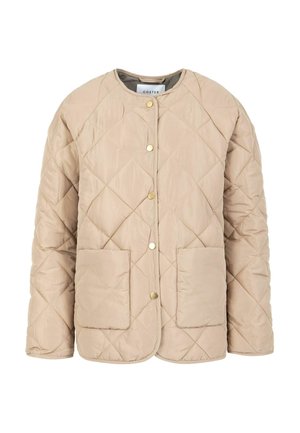Beige gesteppte Jacke mit langen Ärmeln, Druckknöpfen vorne, zwei großen Fronttaschen und rundem Ausschnitt.