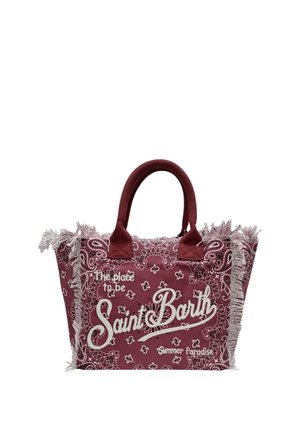 Borsa tote in tessuto color granata con motivo paisley bianco, bordi sfrangiati e scritta "The place to be Saint Barth Summer Paradise" sul davanti.