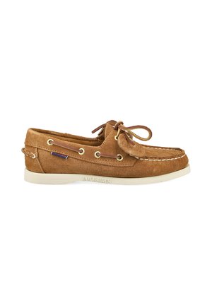 Brown suede boat shoe with white sole, lace tied in bow on top, stitched moc toe, and side eyelets with leather lace threading.
