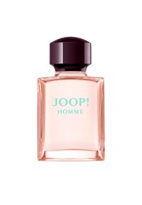 Clear glass bottle with a pink liquid, a rounded black cap, and turquoise text reading “JOOP! HOMME.” Simple, modern rectangular shape.