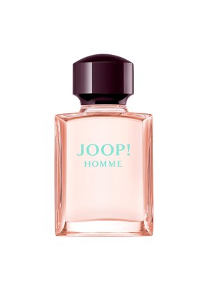 Clear glass bottle with a pink liquid, a rounded black cap, and turquoise text reading “JOOP! HOMME.” Simple, modern rectangular shape.