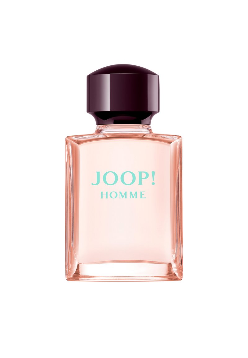 Clear glass bottle with a pink liquid, a rounded black cap, and turquoise text reading “JOOP! HOMME.” Simple, modern rectangular shape.