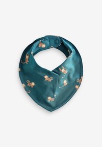 Bavoir en bandana turquoise en tissu doux, orné d'un motif de singes ludiques en beige. Se ferme avec un bouton pression pour un ajustement facile.