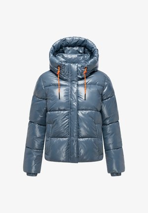 Padded jacket in blue, featuring a shiny finish, large hood, and contrasting orange drawstrings. Boxy shape with elasticated cuffs.
