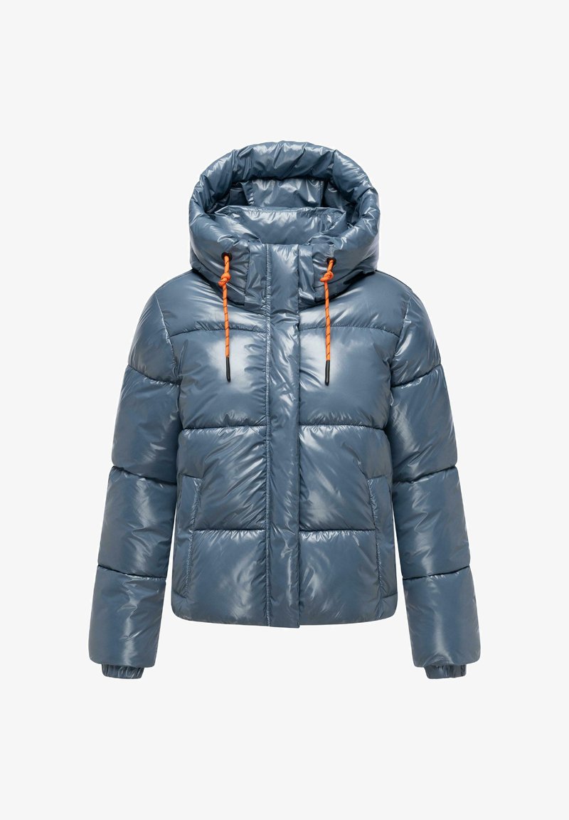 Minkštas mėlynas švarkas, turintis blizgų paviršių, didelę gobtuvą ir kontrastingas oranžines raišteles. Dėžutės formos su elastingais rankogaliais.