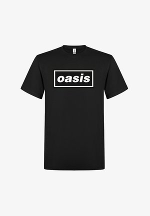 Sort bomulds T-shirt med et rektangulært hvidt og sort grafik, hvor teksten "oasis" er centreret på fronten. Korte ærmer, rund hals.