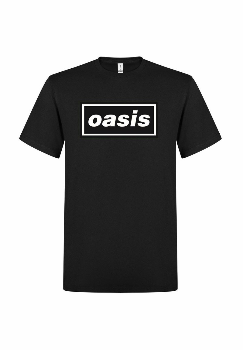 Sort bomulds T-shirt med et rektangulært hvidt og sort grafik, hvor teksten "oasis" er centreret på fronten. Korte ærmer, rund hals.