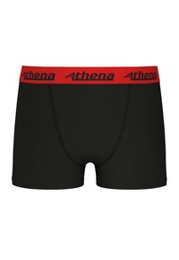 Boxer court noir avec coutures noires et une ceinture élastique rouge arborant "Athena" en lettres noires. Texture lisse, coupe standard.