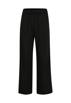 Pantaloni neri a gamba larga realizzati in tessuto morbido, con vita elastica e cordoncino, e due tasche frontali per praticità.