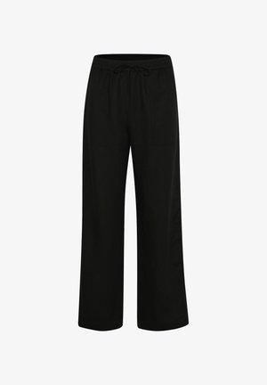 Black wide-leg pants made of soft fabric, featuring an elastic waistband with a drawstring and two front pockets for functionality.