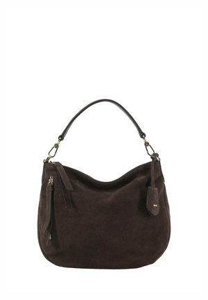 Borsa a mano in camoscio marrone scuro con un unico manico in pelle nera, dettaglio con zip laterale e piccola pochette attaccata con logo.