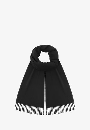 Czarny szalik o miękkiej teksturze, z pełnym okrągłym kształtem i dwoma długimi końcami, z frędzlami na krawędziach.
