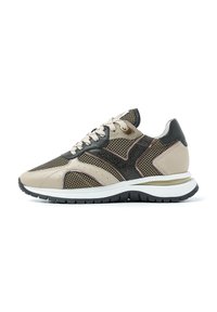 Beige und schwarze Sport sneaker aus Mesh und Leder. Verfügt über eine strukturierte Oberfläche, kontrastierende Akzente und eine weiße Sohle.