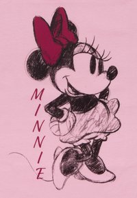 Disegno in stile schizzo di Minnie Mouse che indossa un grande fiocco, un vestito e delle scarpe, con la parola "MINNIE" scritta verticalmente accanto a lei.