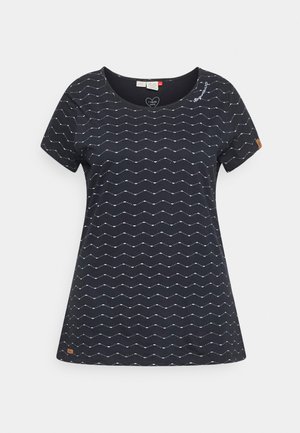 Sort kortærmet skjorte med hvid zigzag prikmønster, rund halsudskæring og en lille brun logopatch nær kanten.