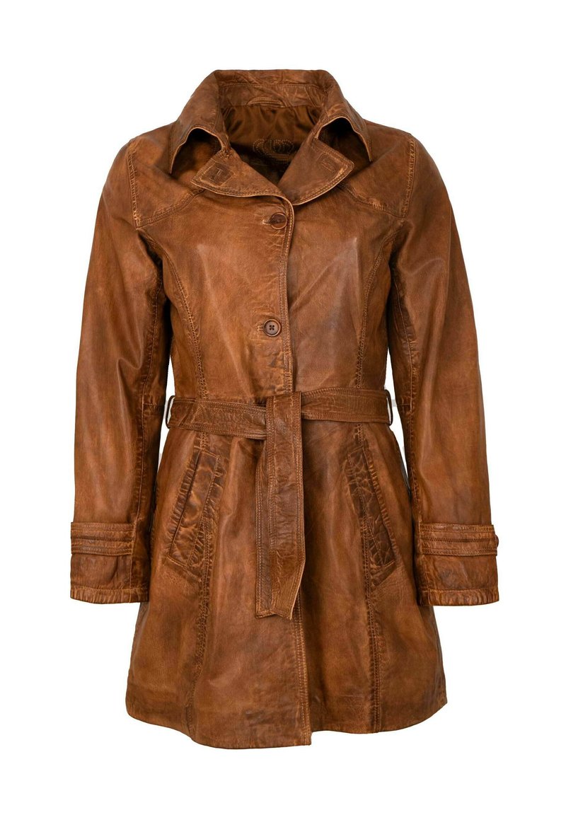 Brauner Leder-Trenchcoat mit breitem Kragen, Knopfverschluss, tailliertem Gürtel und zwei Seitentaschen. Verfügt über gesteppte Details an den Ärmeln.