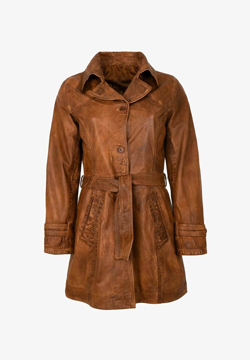 Brauner Leder-Trenchcoat mit breitem Kragen, Knopfverschluss, tailliertem Gürtel und zwei Seitentaschen. Verfügt über gesteppte Details an den Ärmeln.