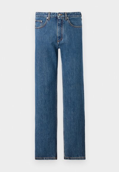Blue denim jeans with a straight-leg cut, featuring five pockets, a front button closure, and subtle fading along the legs.