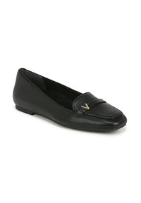 Scarpe flat nere in pelle con punta quadrata. Presentano una tomaia testurizzata, una fascia decorativa e un sottile accento dorato.