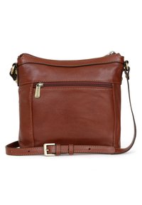 Borsa a tracolla in pelle marrone con zip in alto, tasca frontale e tracolla regolabile. Texture liscia con sottili dettagli di cucitura.