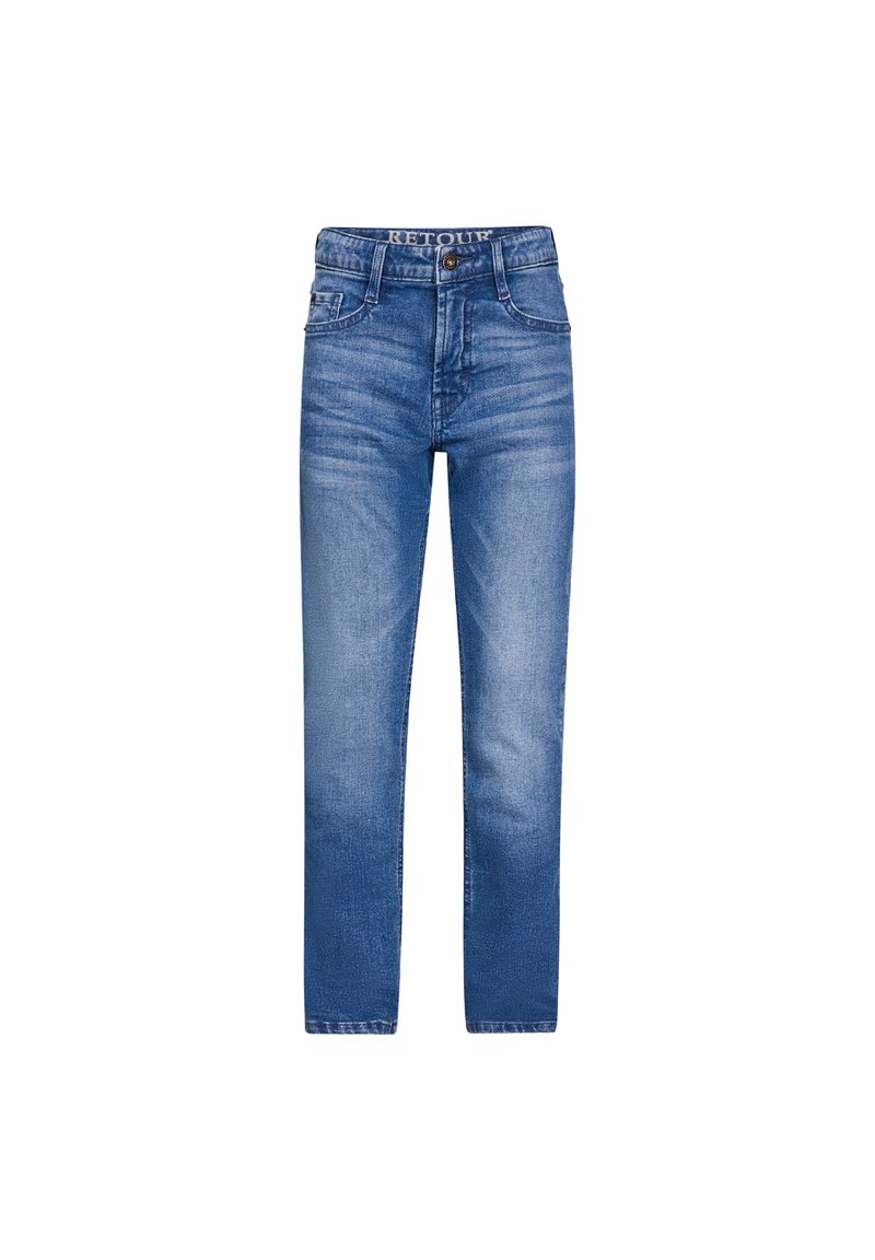 Jeans in denim blu con taglio dritto, dotati di chiusura a bottone e passanti per cintura. Leggera scoloritura e dettagli di sfumature sottili.