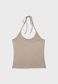Haut halter côtelé beige avec fines bretelles nouées au cou, ourlet droit et encolure dégagée, posé à plat sur un fond clair.