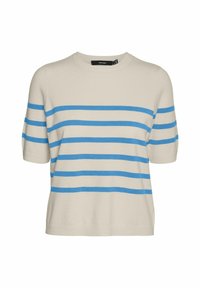 Beige trui met korte mouwen, voorzien van blauwe horizontale strepen, ronde halslijn en zachte textuur. Ontworpen met een losse pasvorm en geribde onderrand.