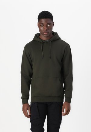 Dark green hoodie with a drawstring hood, ribbed cuffs, and a front pocket. Accessory details include flat laces and a smooth texture.
