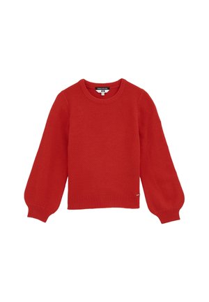 Czerwony dzianinowy sweter z długim rękawem, z teksturowanym wzorem, okrągłym dekoltem i ściągaczami na mankietach i dole.