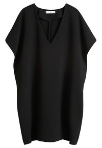 Schwarzes V-Ausschnitt-Kleid, lockere Passform, kurze Ärmel, fließendes Design, glatte Textur, knielang. Der Rücken hat einen vertikalen Schlitzverschluss.
