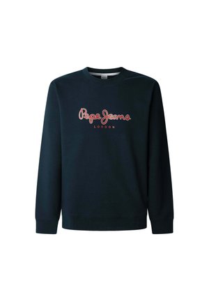 Mørkeblå sweatshirt lavet af bomuld med lange ærmer, en rund halsudskæring og et rødt logo på forsiden, der står "Pepe Jeans London."