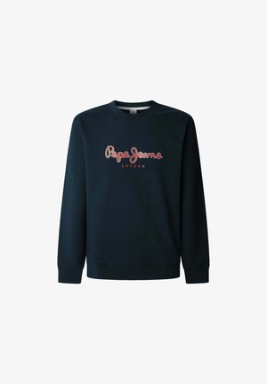 Sudadera de color azul oscuro de algodón, con mangas largas, cuello redondo y un logo rojo en el frente que dice "Pepe Jeans London."