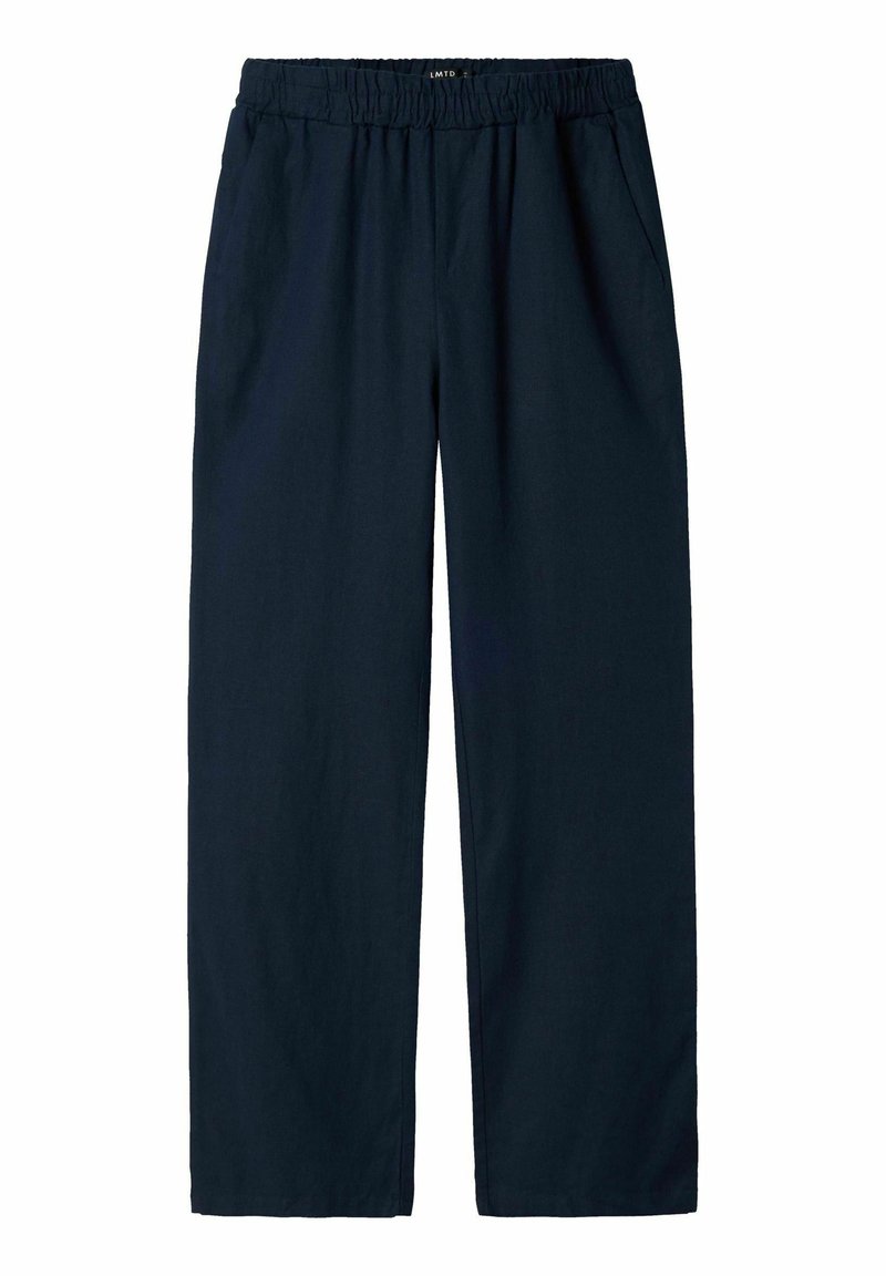 Pantalon bleu marine à taille élastique, coupe droite, avec poches latérales, conçu pour un port décontracté ou confortable.