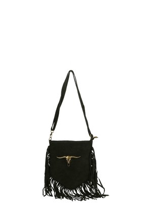 Black suede shoulder bag with fringe detail and a metallic bull skull accent on the front. Features an adjustable strap and zipper closure.