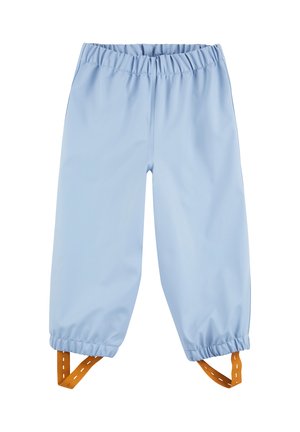 Light blue waterproof pants with elastic waist and ankles, featuring orange adjustable foot straps for secure fit.