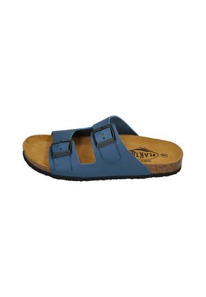 Blue leather slide sandal with two adjustable buckles, a contoured cork footbed, and a textured black outsole.