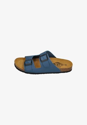 Blue leather slide sandal with two adjustable buckles, a contoured cork footbed, and a textured black outsole.