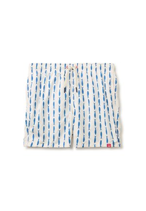 Witte zwembroek met blauw vispatroon, elastische tailleband, koordje, zijzakken en een klein rood logolabel op de zoom van het been.