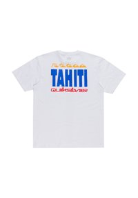 White cotton t-shirt featuring a large blue "TAHITI" text, red "Quiksilver" logo, and yellow wave pattern design at the top back.