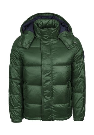Grüne Pufferjacke mit hohem Kragen und Kapuze, mit gestepptem Design, glänzender Textur, Seitentaschen und kontrastierendem navy-farbenem Futter.